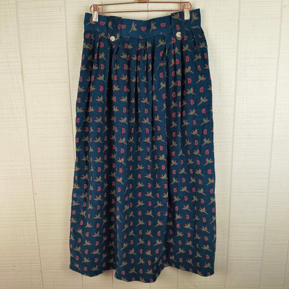 Vintage 90s Corduroy Midi Skirt Pheasant Bird Print Classic Prep